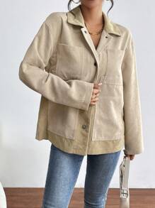 SHEIN Essnce Drop Shoulder Pocket Patched Suedette Coat - Coffee Brown - View 6