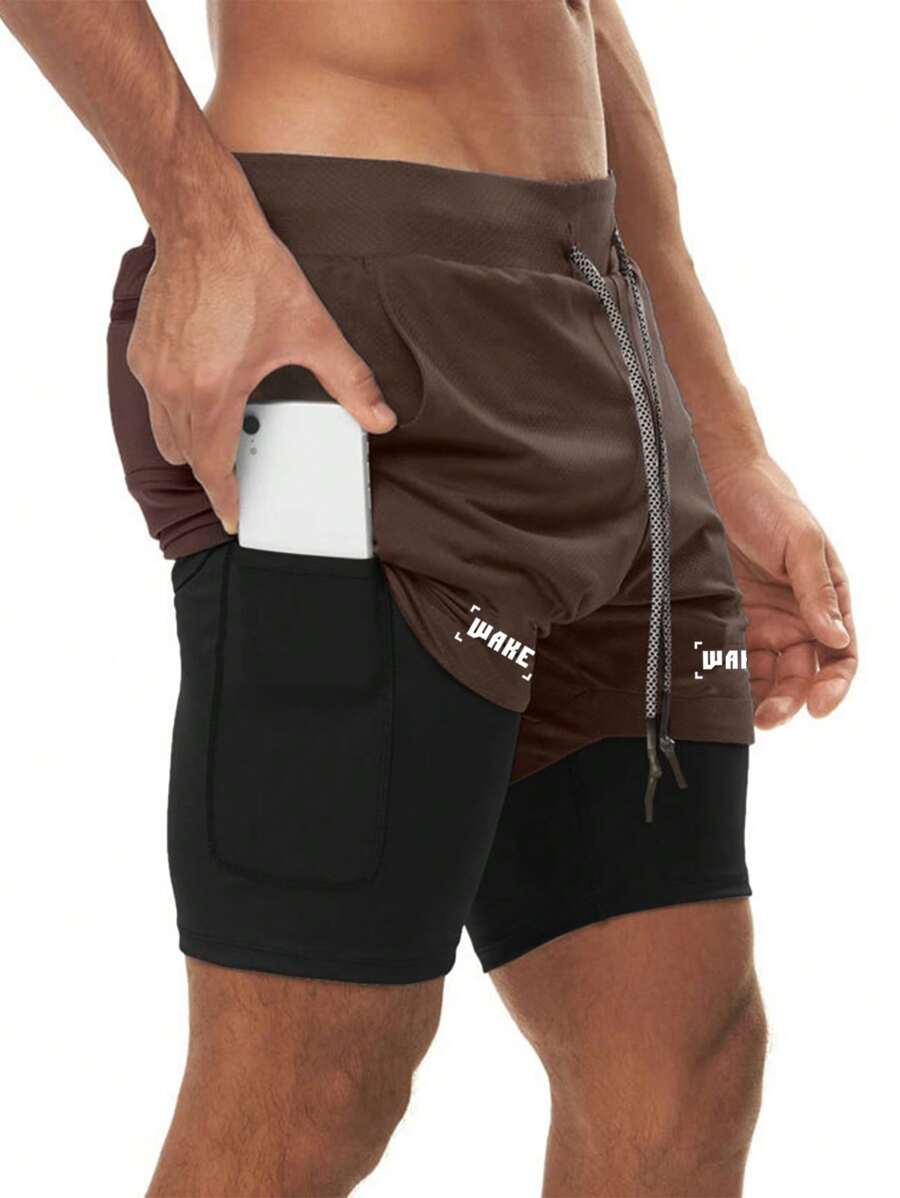 Manfinity Sport Corelite Men Letter Graphic Drawstring Waist 2 In 1 Sports Shorts With Phone Pocket Sweat Pants - Coffee Brown - View 1