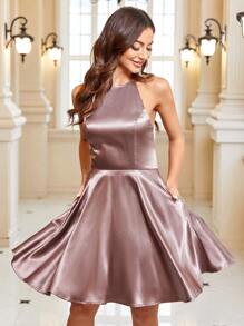 SHEIN Belle Solid Satin Cami Dress - Khaki - View 4