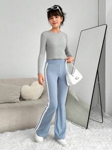 SHEIN Teen Girls Contrast Side Seam Flare Leg Pants - Dusty Blue - View 6