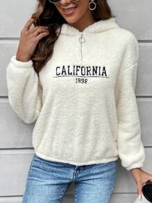 SHEIN LUNE Letter Embroidery Drop Shoulder Teddy Hoodie - Multicolor - View 8