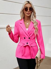 Chiquease Lapel Neck Double Breasted Belted Blazer Fall Cloth For Women - Hot Pink - View 4