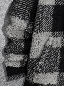 Manfinity VCAY Loose Fit Men's Plaid Print Drawstring Hooded Teddy Jacket (Without T-Shirt), For Fall Winter - Black - View 5