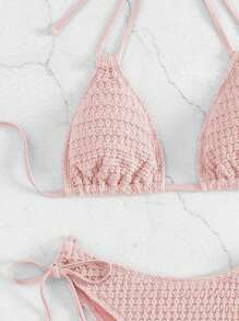 Halter Triangle Tie Side Bikini Set For Summer Beach - Pink - View 3