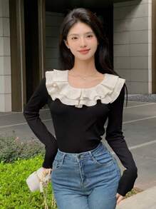 DAZY Blusa con volantes de contraste, ropa de otoño para mujer con manga larga