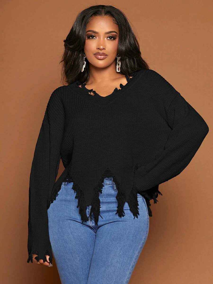 SHEIN SXY Drop Shoulder Distressed Asymmetrical Hem Sweater,Long Sleeve Tops In Fall/Winter - Black - View 1