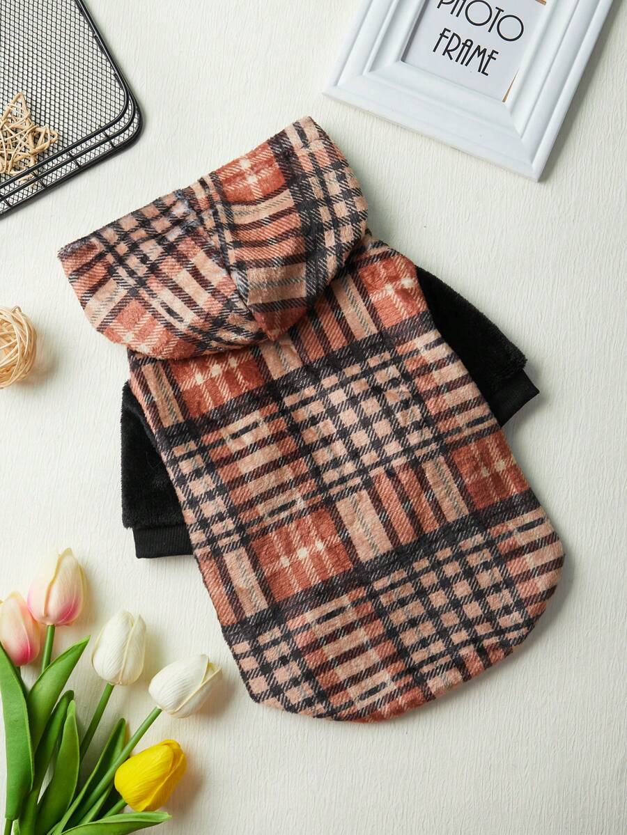 Pamile Pet Flannel Plaid Hooded Sweatshirt With Color-blocking - Multicolor - View 1