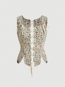 SHEIN MOD Ditsy Floral Print Lace Up Front Tank Top - Multicolor - View 2