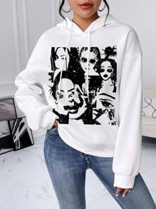 SHEIN EZwear 人像圖案落肩袖連帽衫 - 白色 - 查看 3