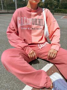 SHEIN Cottnline Letter Graphic Drop Shoulder Pullover & Sweatpants - Multicolor - View 5