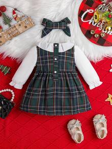 SHEIN 女嬰格子呢圖案荷葉邊喇叭袖前蝴蝶結洋裝＆ 頭巾