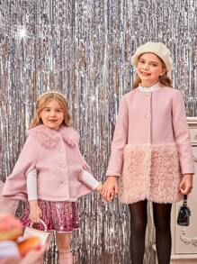 SHEIN Tween Girl 1pc Contrast Fuzzy Panel Overcoat - Pink - View 3