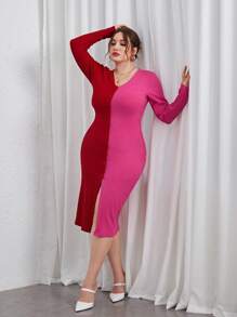 SHEIN Privé Talla grande Vestido ajustado de dos tonos con botón delantero - Multicolor - Ver 5