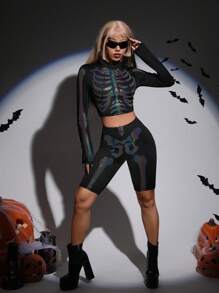 SHEIN ICON Halloween Reflective Skeleton Print Top & Biker Shorts, Neon Glow Party Outfit - Black - View 6