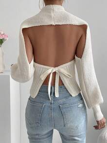 Allurite Chất rắn Ca-vát Backless Tay áo Đèn lồng Áo len - Màu be - Xem 3