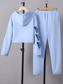 SHEIN Tween Girl Butterfly Print Hooded Sweatshirt & Sweatpants - Blue - View 2
