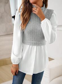 SHEIN LUNE Colourblock Puff Sleeve 2 In 1 Top - Light Grey - View 4