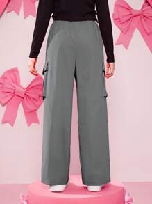 SHEIN Teen Girl Flap Pocket Drawstring Waist Cargo Pants - Grey - View 7
