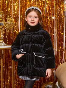 SHEIN Young Girl Contrast Binding Zipper Hooded Padded Coat - Black - View 3