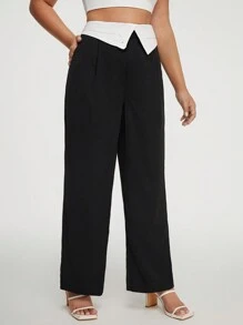 SHEIN Privé 大碼拼接腰部折疊闊腿褲 - 黑色 - 查看 3