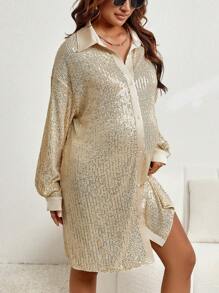 SHEIN Maternity Drop Shoulder Sequin Shirt Dress - Champagne - View 5