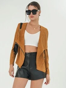 SHEIN Privé Waterfall Collar Open Front Coat - Coffee Brown - View 1