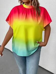 SHEIN LUNE Plus Ombre Batwing Sleeve Mock Neck Blouse - Multicolor - View 3