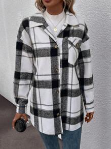 EMERY ROSE Áo khoác nữ Túi Nút phía trước Sọc ca rô Giải trí - Nhiều màu - Xem 4