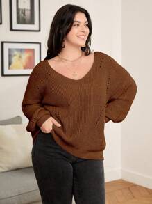 Calvaya Plus Drop Shoulder Eyelet Detail Sweater Knit Pullover Fall Winter Autumn Sweater - Coffee Brown - View 6