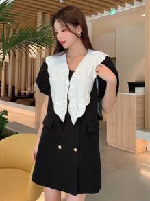 DAZY Contrast Statement Collar Puff Sleeve Blazer,Ruffle Business Attire - Black - View 3