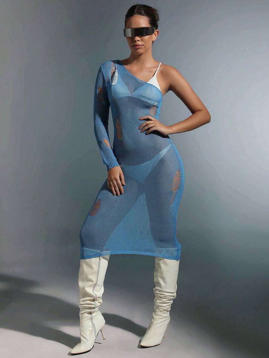 SHEIN Unity One Shoulder Cut Out Sweater Dress Without Lingerie Set Fall Cloth For Women - Baby Blue - View 1