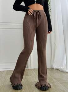 SHEIN EZwear Drawstring Waist Flare Leg Knit Pants In Fall/Winter - Chocolate Brown - View 4