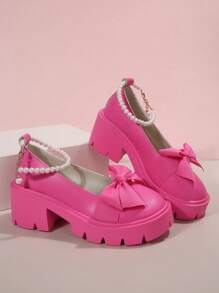 高跟單鞋,女士楔形厚底鞋配蝴蝶結、珍珠鏈裝飾,防滑,四季時尚,百搭瑪莉珍皮鞋 - 玫紅色 - 查看 2