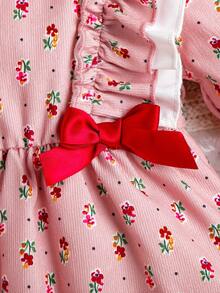 Đứa bé gái In hoa Ditsy Viền Ruffle Nơ mặt trước Đầm & Băng đô đầu - Hồng - Xem 5