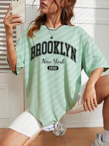 INAWLY Letter Graphic Drop Shoulder Tee Graphic Tees Women Tops