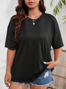 INAWLY Plus Solid Drop Shoulder Tee - Black - View 4