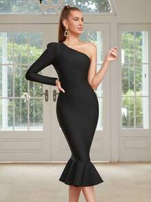 One Shoulder Mermaid Hem Solid Bandage Dress - Black - View 4