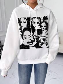 SHEIN EZwear 人像圖案落肩袖連帽衫 - 白色 - 查看 5