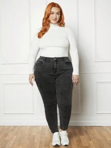 SHEIN CURVE+ 大碼高腰緊身牛仔褲 - 灰色 - 查看 1