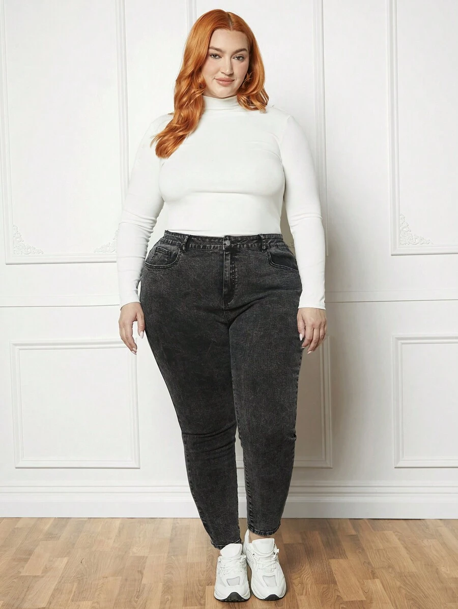 SHEIN CURVE+ 大碼高腰緊身牛仔褲 - 灰色 - 查看 1