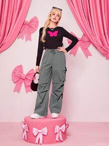 SHEIN Teen Girl Flap Pocket Drawstring Waist Cargo Pants - Grey - View 6