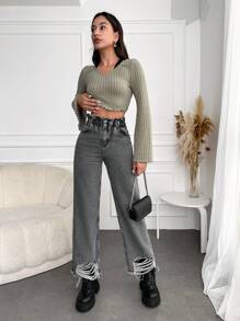 SHEIN Cottnline Paperbag Waist Ripped Raw Hem Straight Leg Jeans - Grey - View 4