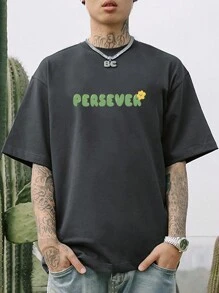 Hombres Camiseta de hombros caídos con estampado de slogan - Gris Oscuro - Ver 5
