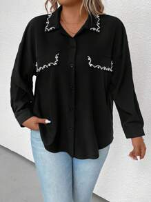 SHEIN Clasi Plus Pearls Beaded Drop Shoulder Shirt - Black - View 3