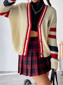 SHEIN Qutie Mẫu sọc Chi tiết vá Thả vai Áo len Mở - Màu be - Xem 7