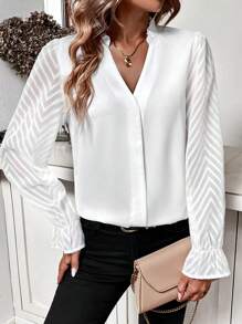 SHEIN Frenchy Notched Neck Flare Sleeve Blouse - White - View 5