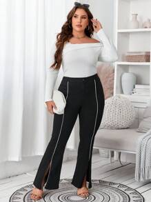SHEIN Essnce Plus Contrast Piping Split Hem Flare Leg Jeans - Black - View 6