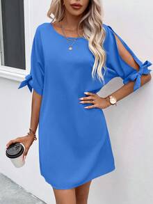 SHEIN Clasi Solid Knot Cuff Tunic Dress - Blue - View 5