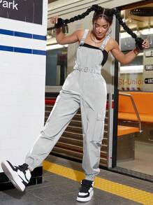 側翻蓋口袋腰帶背帶連身褲不附抹胸 - 淺灰色 - 查看 1