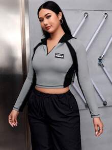 SHEIN EZwear Plus Letter Patched Detail Contrast Panel Crop Sweatshirt - Multicolor - View 3